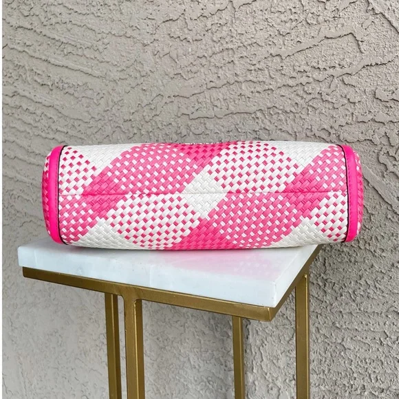 KATE SPADE Pink & White Plaid Gingham Alexia Woven Clutch Crossbody Bag